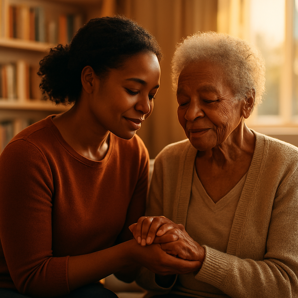 Adult daughter tenderly caring for her elderly parent in a warm home setting